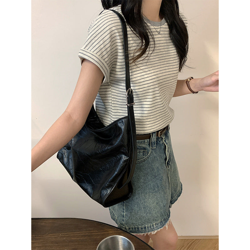 Women's Niche Leather Folds Scratch Pattern Cowhide Shoulder Bags