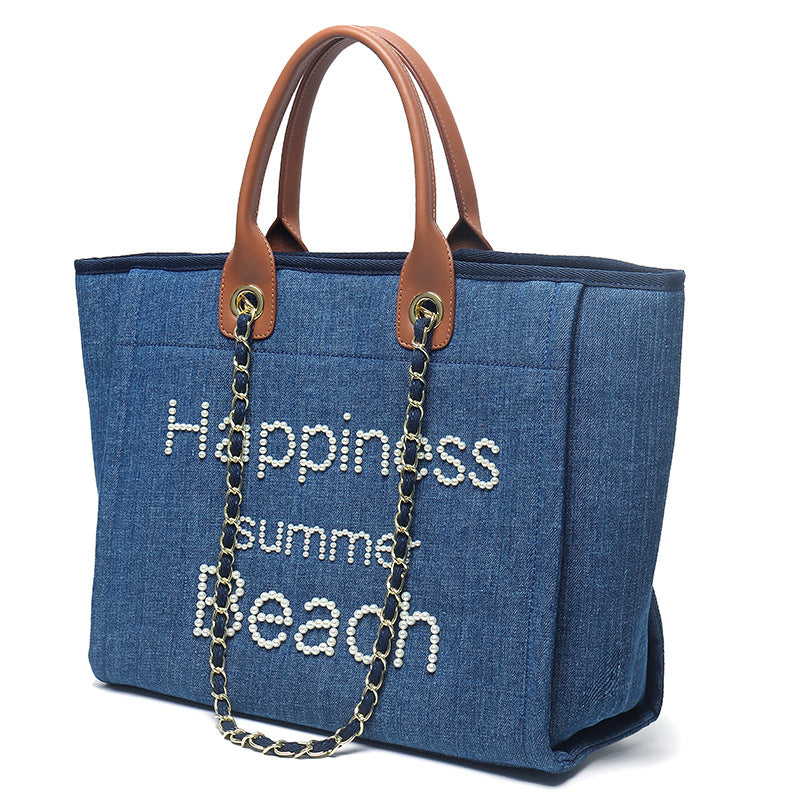 Women's Genuine Leather Portable Chain Pearl Beach Handbags