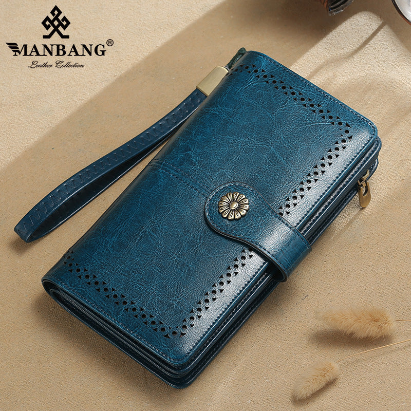 Women's Long Sunflower Retro Oil Wax Skin Large Capacity Wrist Ladies Wallets