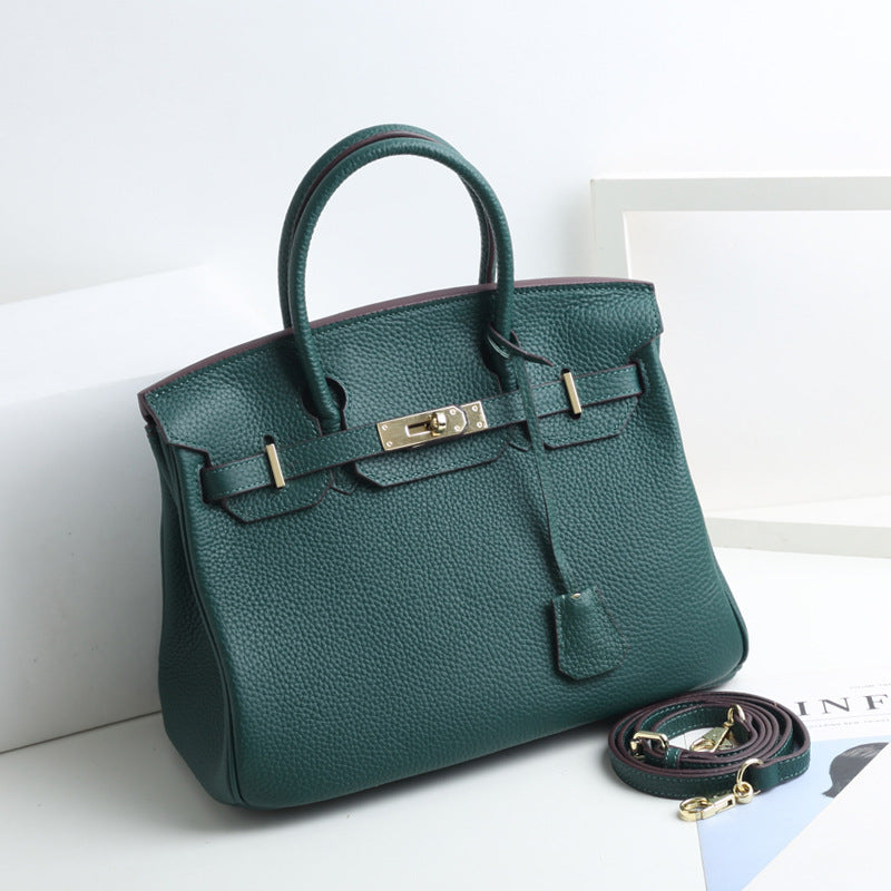 Women's Lychee Pattern Kelly Genuine Leather First Handbags