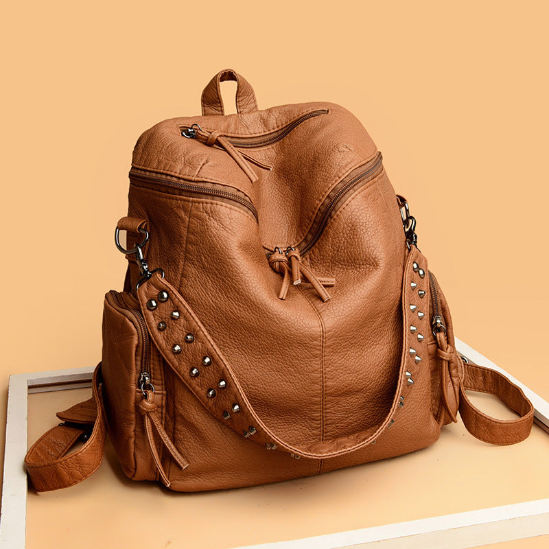 Women's Summer Washed Leather Studded Trendy Simple Backpacks