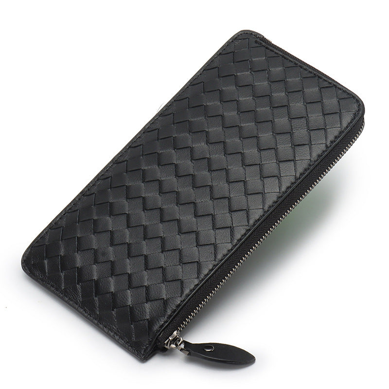 Women's Genuine Leather Long Handmade Sheepskin Woven Thin Ladies Wallets