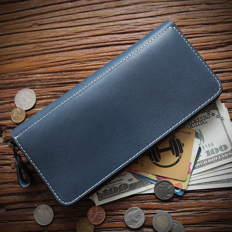 Women's & Men's Handmade Retro Long Genuine Leather Zipper First Layer Men's Wallets