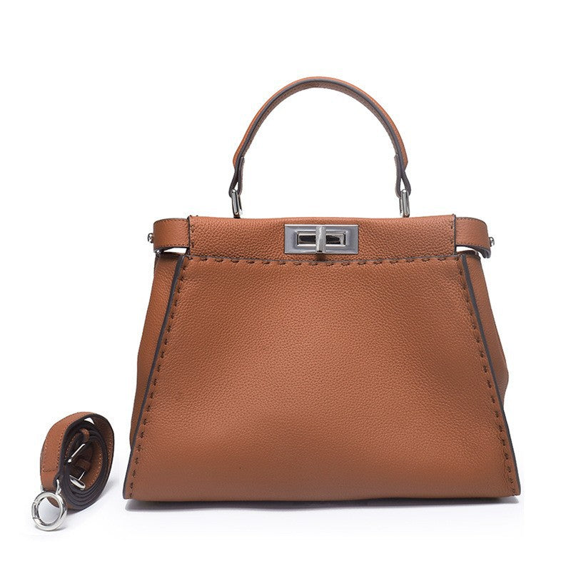 Lychee Pattern Metal Catch Genuine Leather Handbags