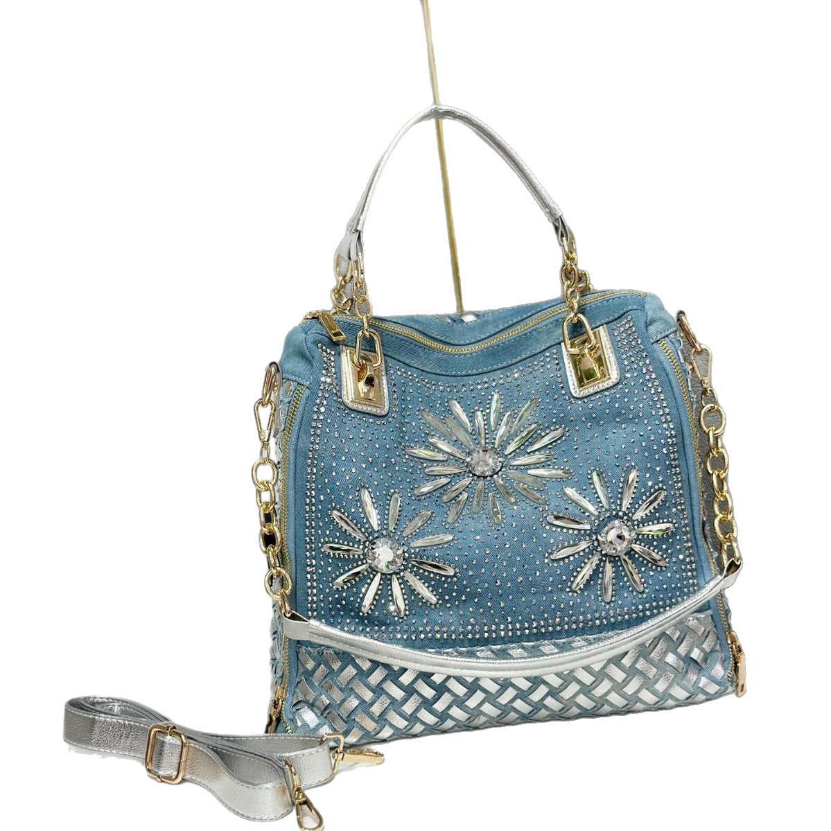 Women's Fashion Rhinestone Diamond Jean Woven Shoulder Bags