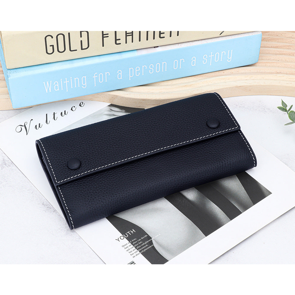 Women's First Layer Cowhide Long Large Capacity Color Matching Purses