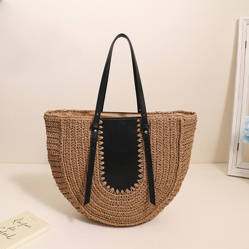 Women's Large Capacity French Straw Niche Stitching Woven Handbags