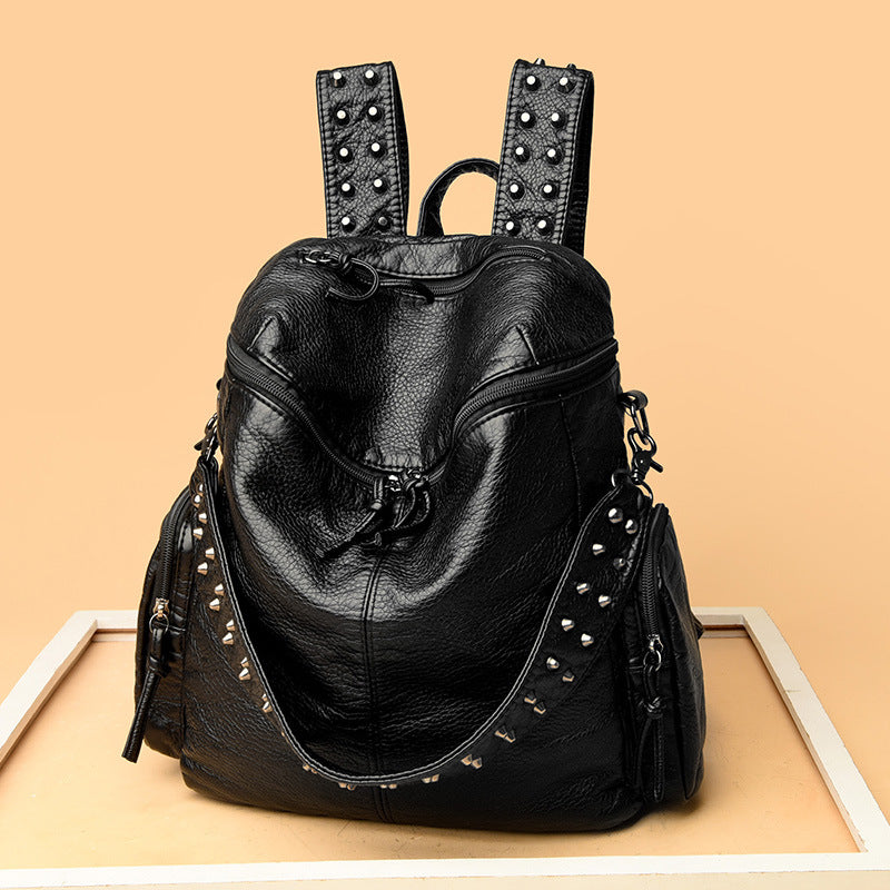 Women's Summer Washed Leather Studded Trendy Simple Backpacks