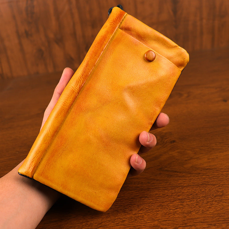 Men's First Layer Cowhide Hand-rub Color Distressed Long Zipper Card Holder