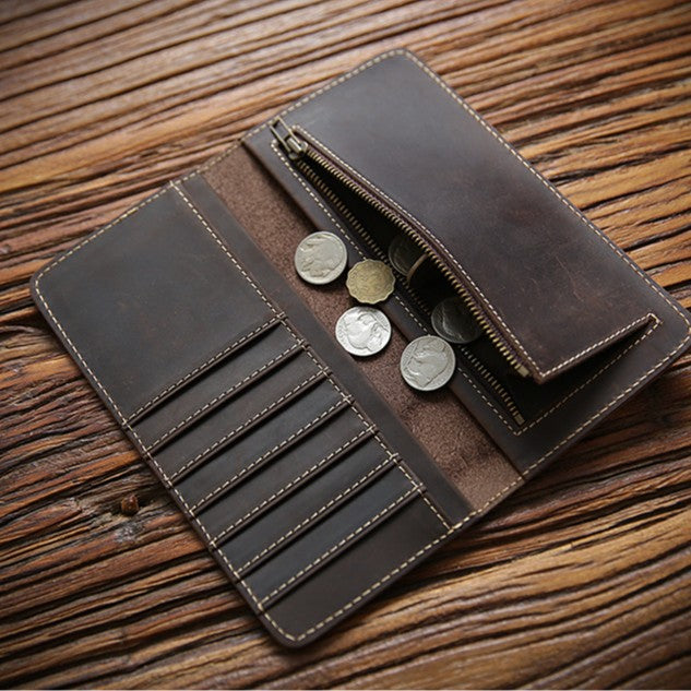 Men's Horse Leather Green Long Genuine Simple Men's Wallets
