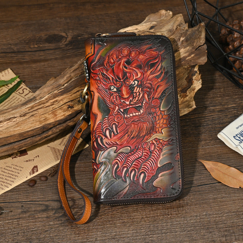 Men's Genuine Leather Carving Craft Retro Long Men's Wallets