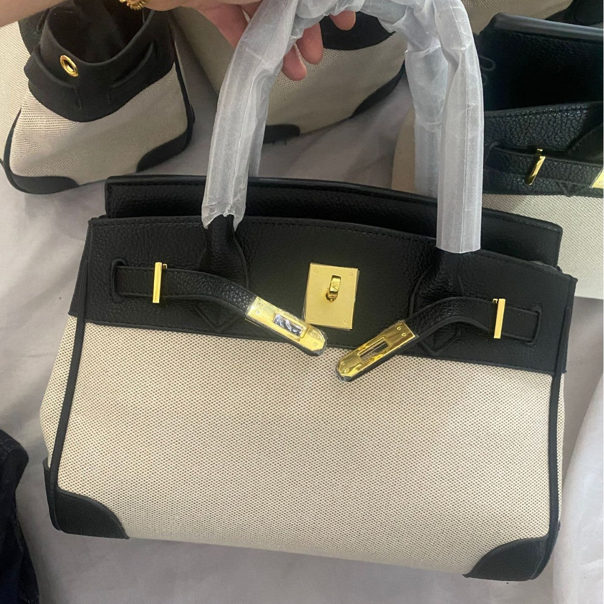Women's Leather With Canvas Contrast Color Portable Handbags