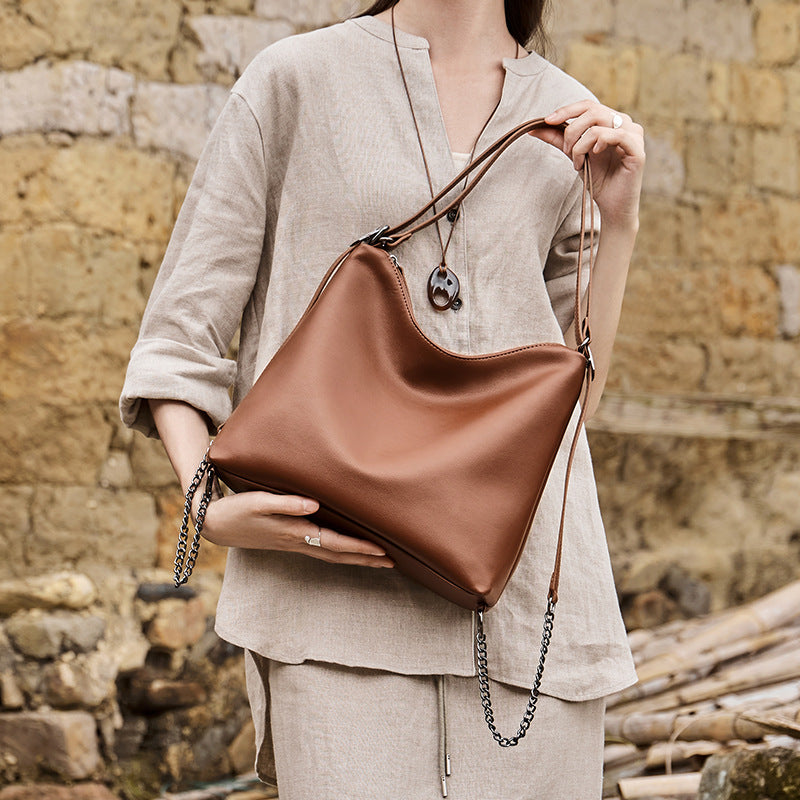 Women's Large Capacity Niche Commuter Soft Genuine Shoulder Bags