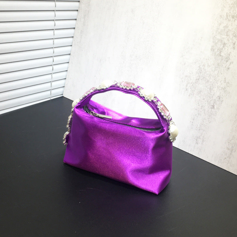 Women's Rhinestone Pearl Pillow Dinner Silk Lunch Handbags