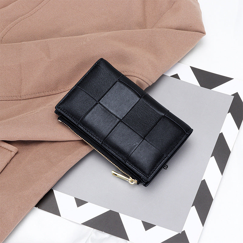 Women's Sheepskin Woven Medium Vertical Leather Multiple Ladies Wallets