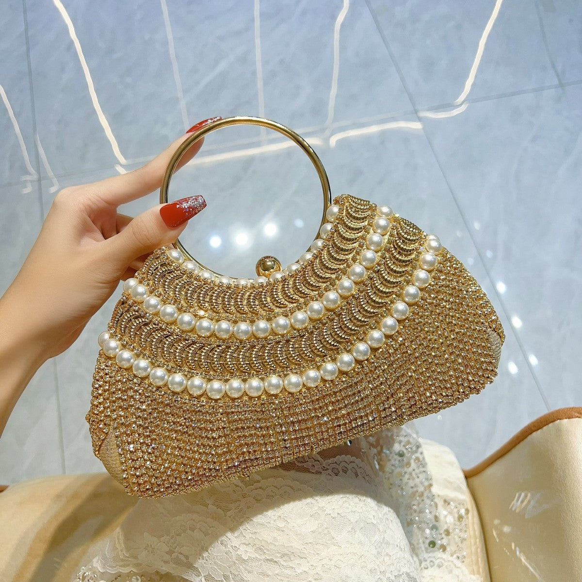Women's Sier Shiny Luxurious Tassel Rhinestone Stitching Beaded Handbags