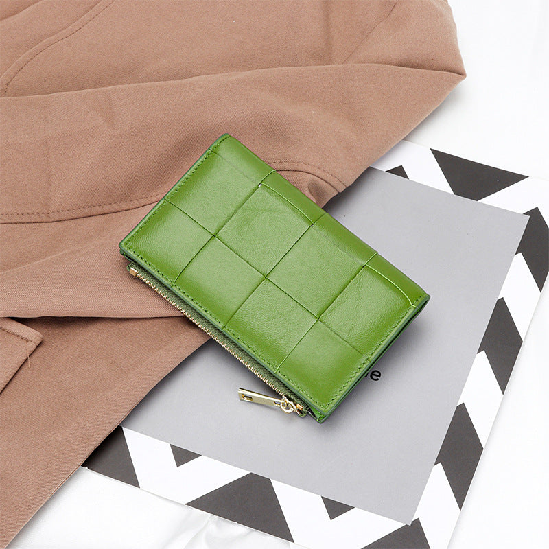 Women's Sheepskin Woven Medium Vertical Leather Multiple Ladies Wallets