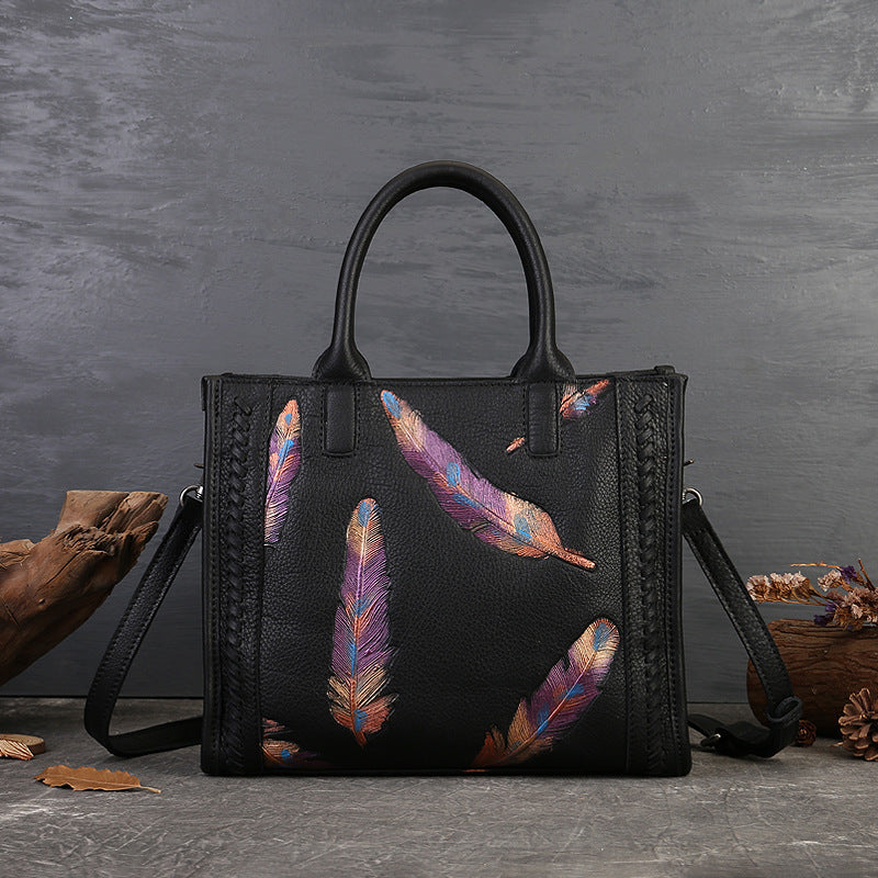 Women's Leather First Layer Cowhide Retro Feather Handbags