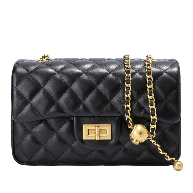 Women's Golden Balls Rhombus Chain First Layer Cowhide Classic Shoulder Bags