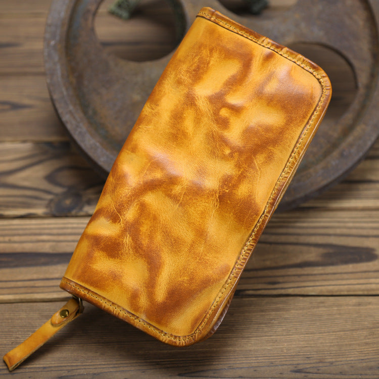 Men's Tanned Washed Business Handmade Long Cowhide Men's Wallets