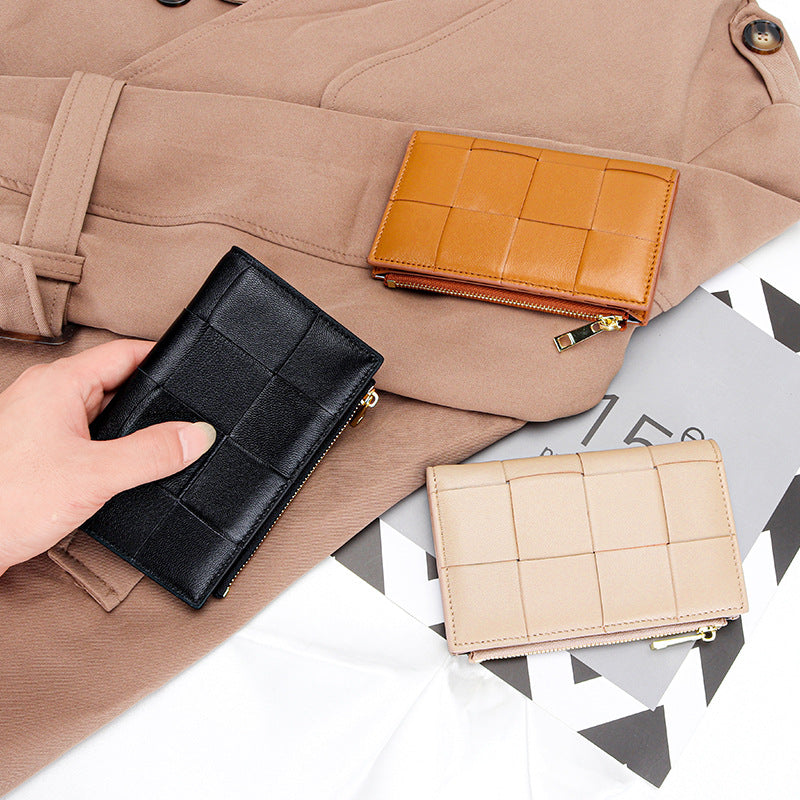 Women's Sheepskin Woven Medium Vertical Leather Multiple Ladies Wallets