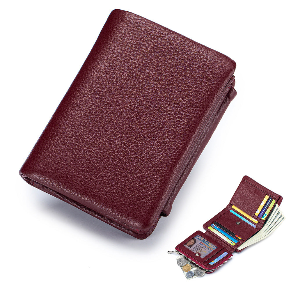 Women's Leather Large Capacity First Layer Cowhide Three-fold Ladies Wallets