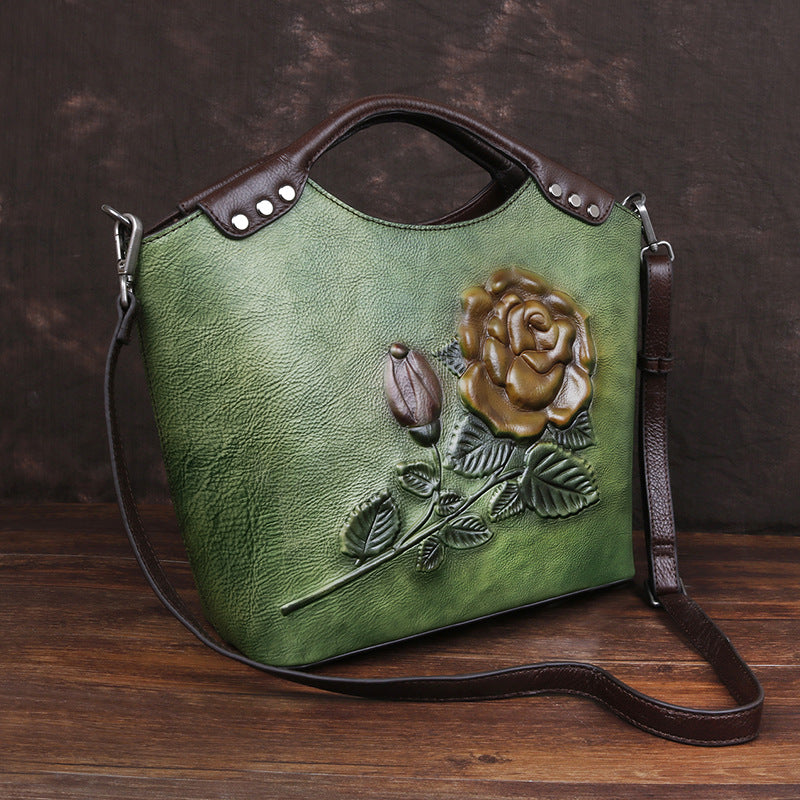 Women's First Layer Cowhide Large Capacity Rose Crossbody Bags