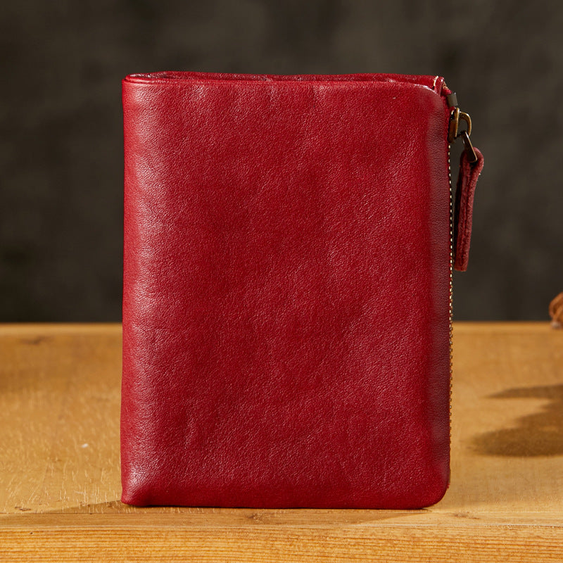 Men's Short Genuine Leather Vertical Zipper Green Individual Men's Wallets