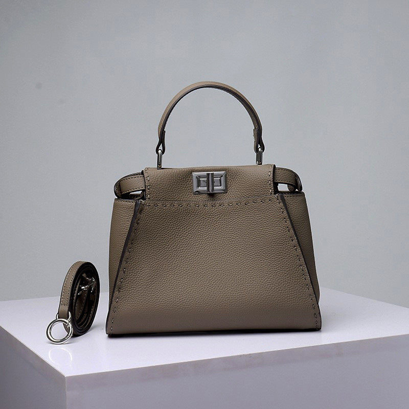 Lychee Pattern Metal Catch Genuine Leather Handbags