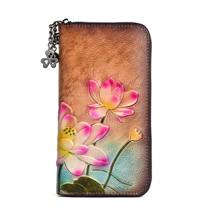 Women's Chinese Long First Layer Cowhide Zipper Mobile Embossed Ladies Wallets
