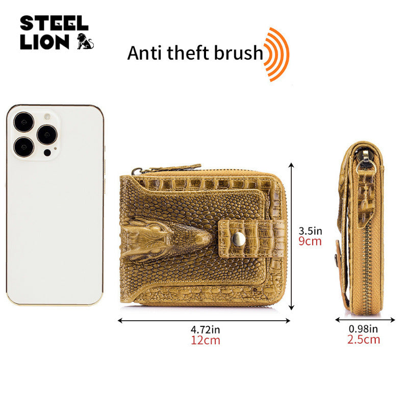 Men's Crocodile Pattern First Layer Cowhide Zipper Horizontal Men's Wallets