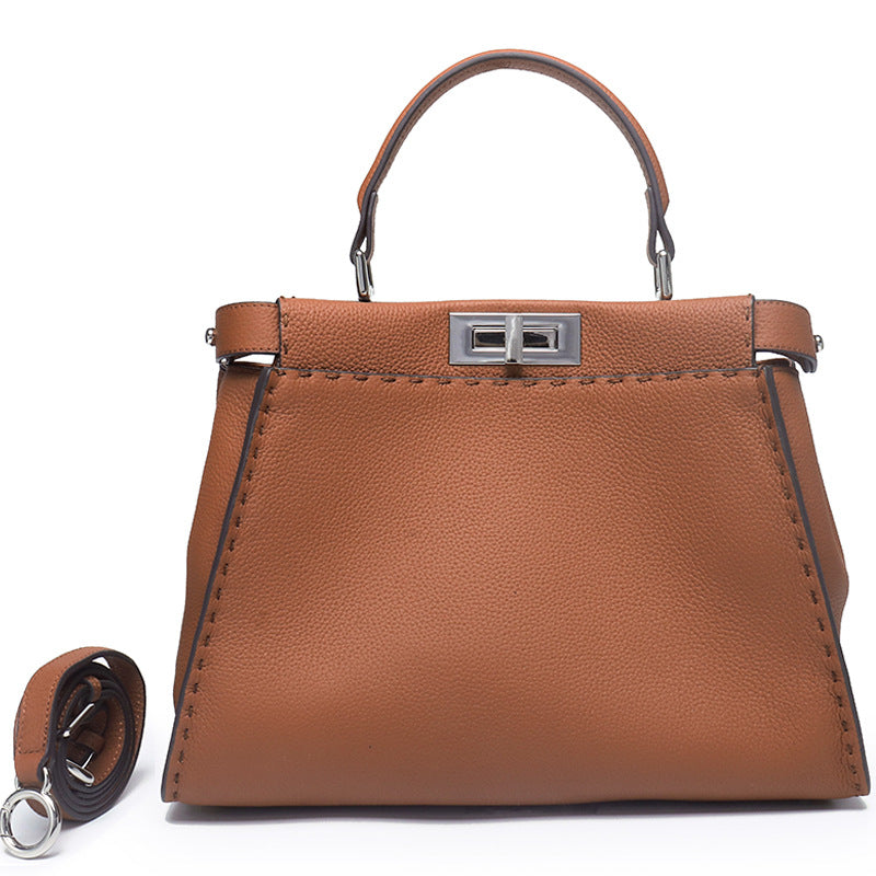 Cowhide Imported Lychee Pattern Metal Catch Genuine Handbags