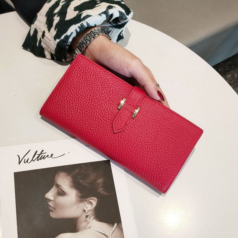 Women's Simple Cowhide Clutch Litchi Pattern Fashion Long Ladies Wallets