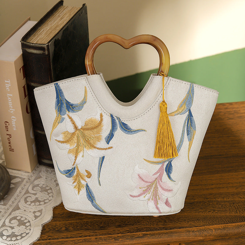 Coral Lily Embroidered Wooden Ancient Style Handbags