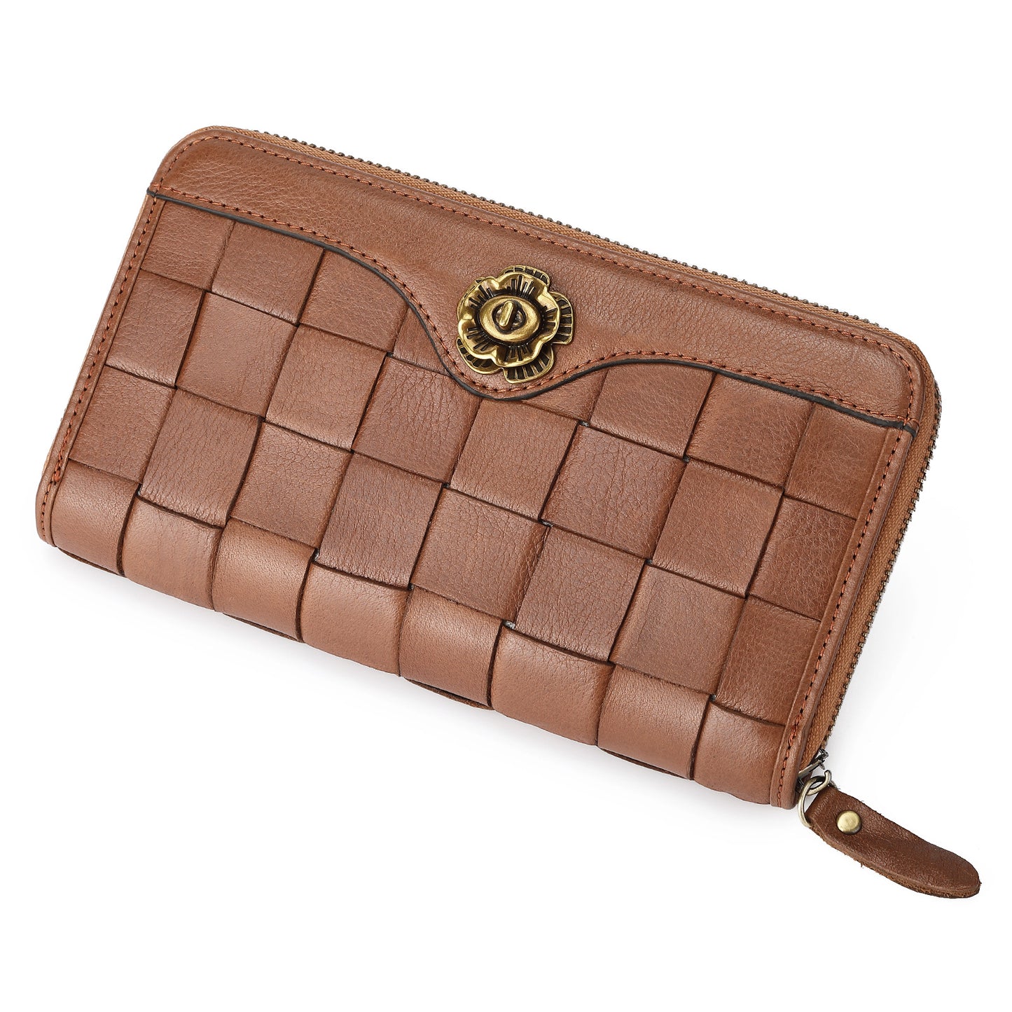 Men's Layer Cowhide Woven Long Zipper Leather Men's Wallets