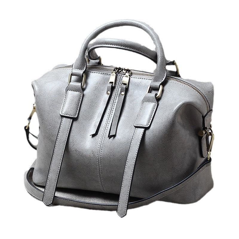 Women's Portable Oil Wax Cow Leather Boston Handbags