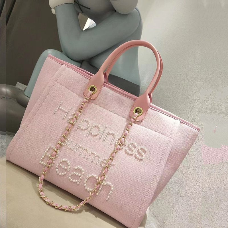 Women's Genuine Leather Portable Chain Pearl Beach Handbags