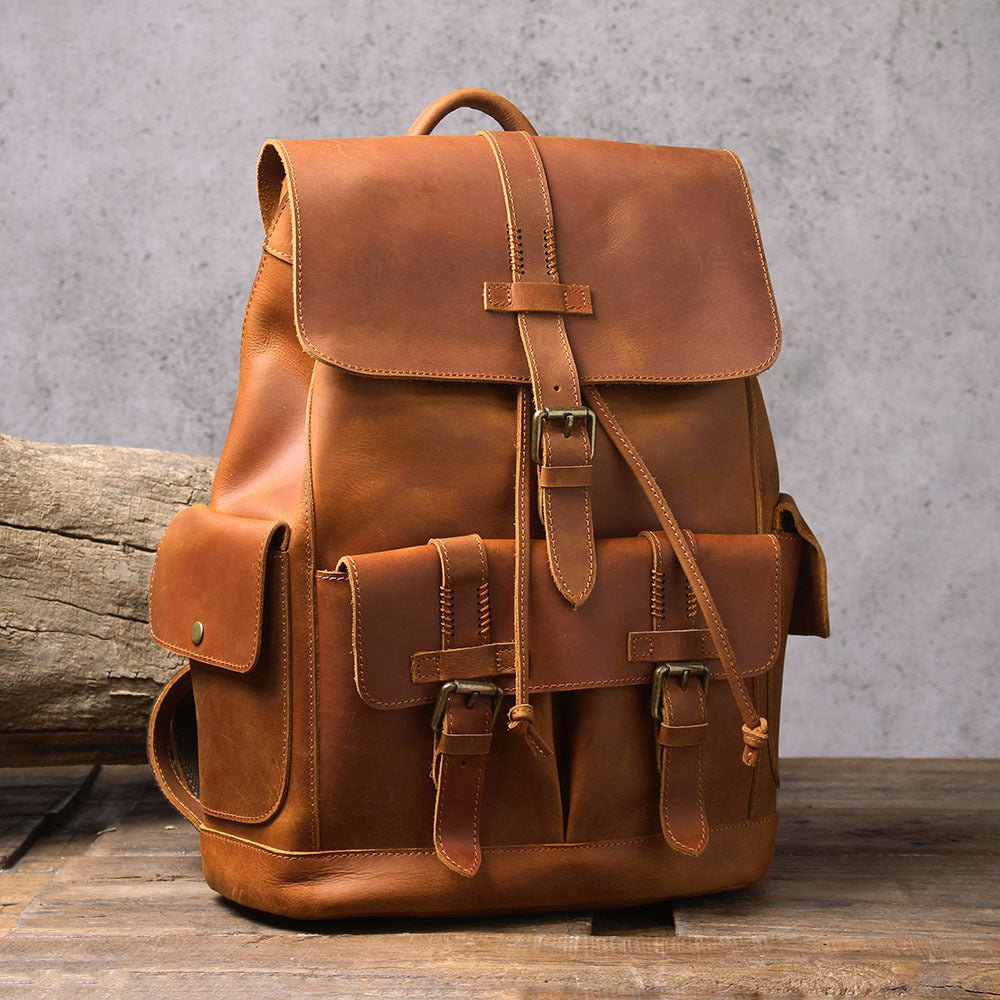 Men's Retro Handmade Crazy Horse Leather Large Backpacks