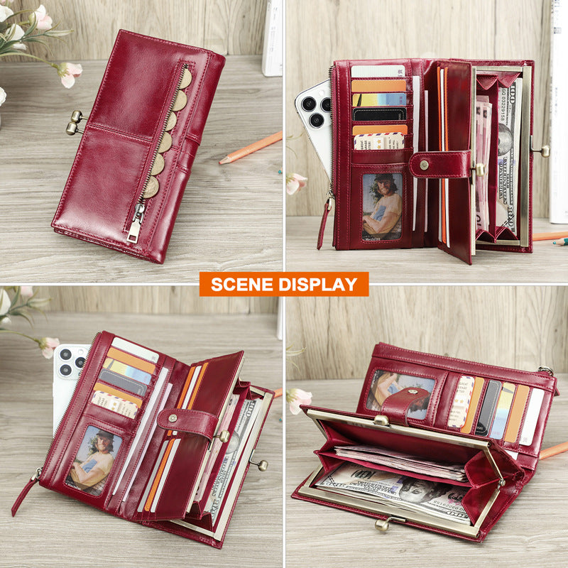 Swiping First Layer Cowhide Long Fashion Ladies Wallets