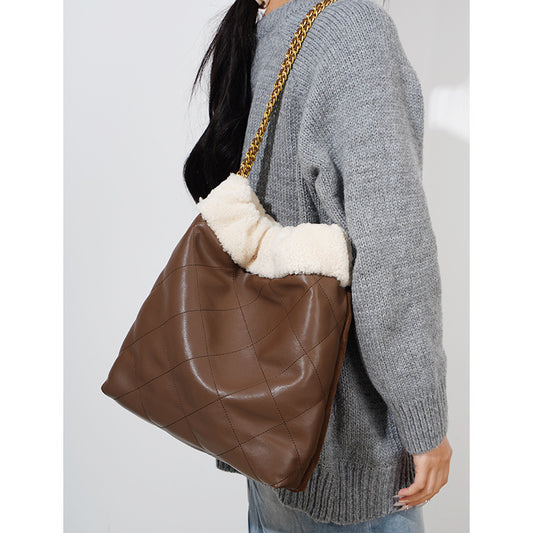 Wool Lamb Garbage Design Fashion Diamond Shoulder Bags