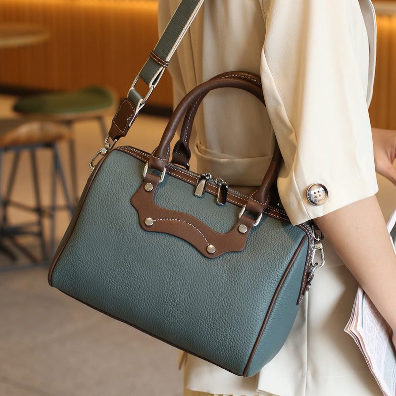 Women's Fashion Color Contrast Boston Genuine Leather Handbags