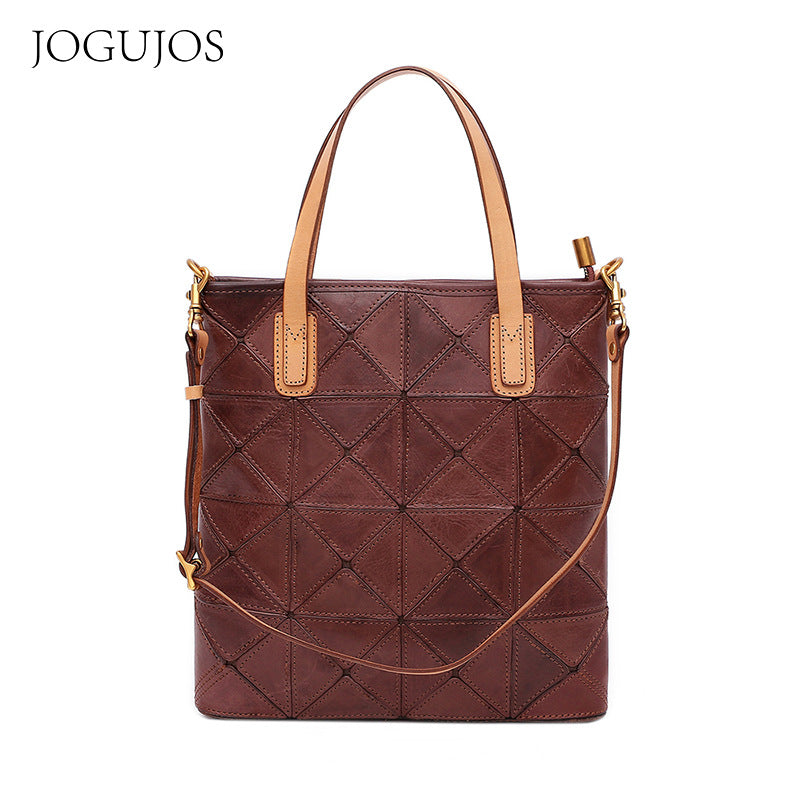 Women's Retro First Layer Cowhide Stitching Portable Shoulder Bags