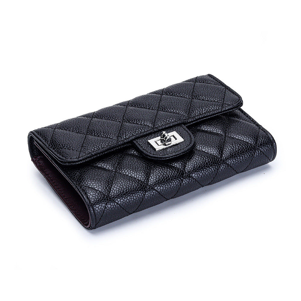 Women's Cowhide Caviar Pattern Short Three Folding Ladies Wallets