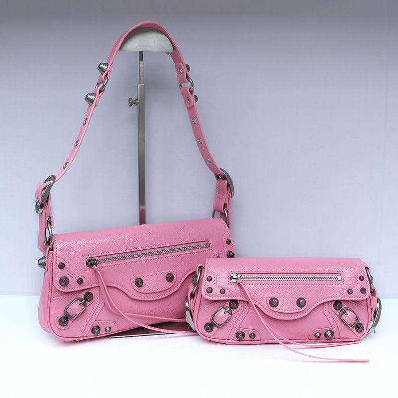 Women's Motorcycle Dark Rivet Baguette Genuine Leather Bags