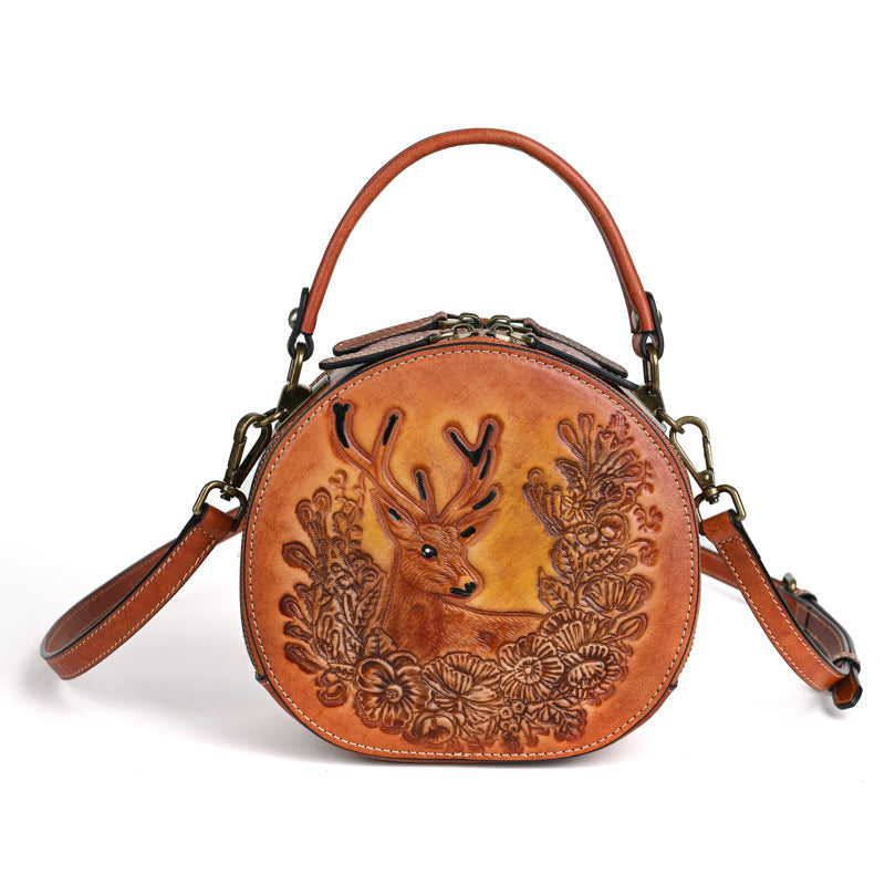Women's National Style Round First Layer Leather Crossbody Bags