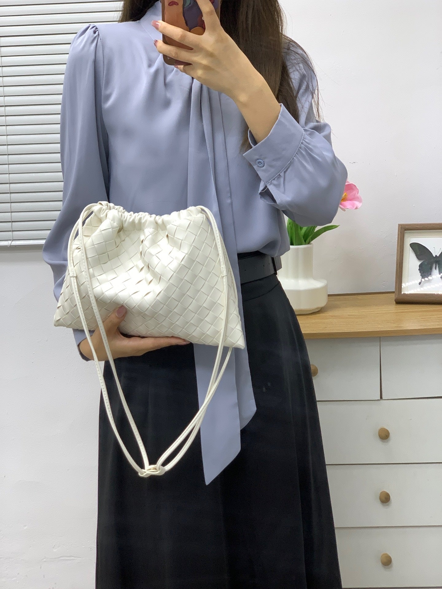 Women's Sheepskin Woven Garbage Clutch Drawstring Lucky Shoulder Bags