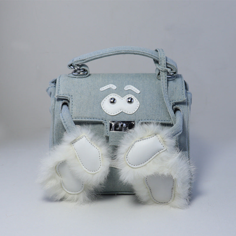 Women's Monster Eyes Smiley Face Eyebrow Real Rabbit Fur Handbags