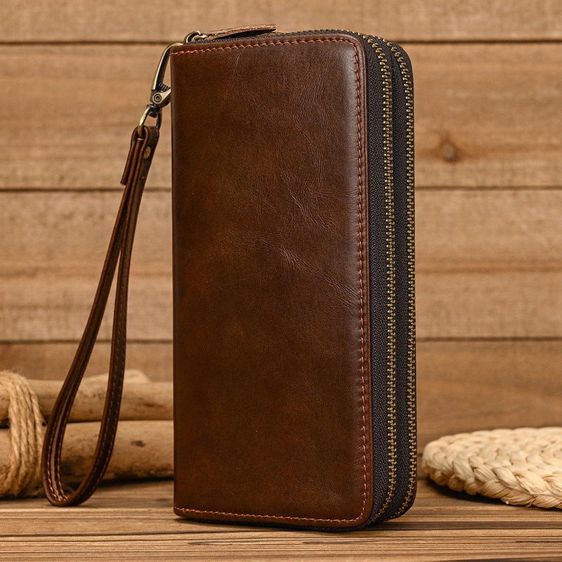 Men's Horse Leather Long Genuine Double Zip Multiple Phone Bags