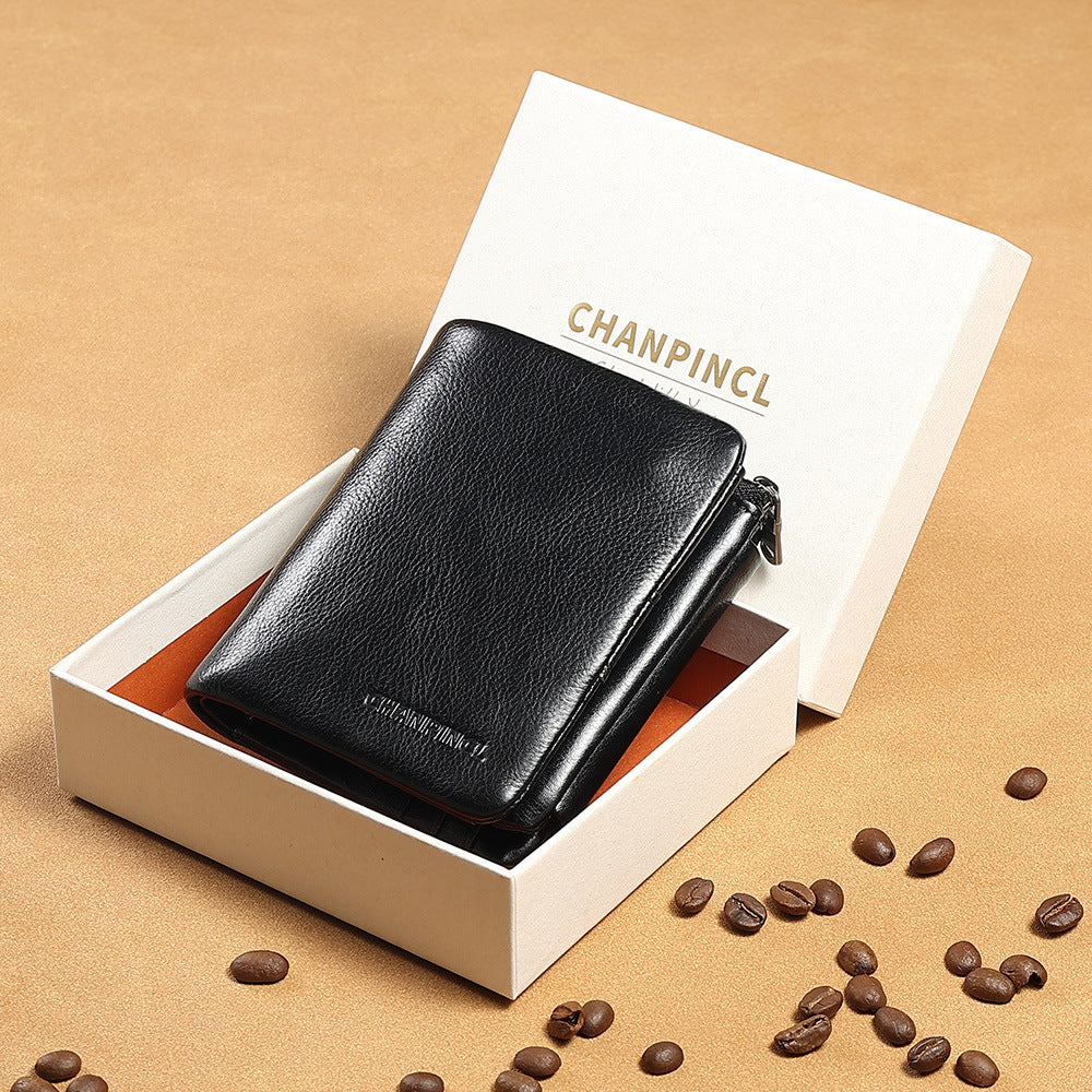 Men's Vertical First Layer Cowhide Zipper Pocket Men's Wallets