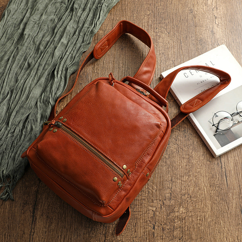 Vegetable Tanning Leather Washing Waxing Polishing Zipper Copper Backpacks